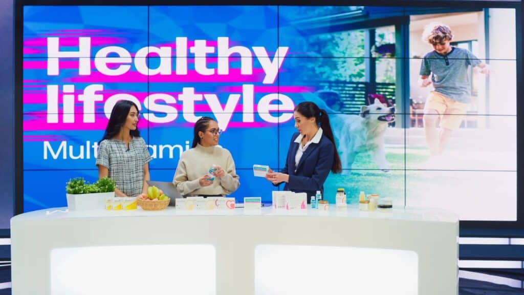 Three women stand at a counter of health products, similar to those found in QVC and HSN impulse buys, in front of a digital screen that reads &ldquo;Healthy lifestyle.&rdquo;.