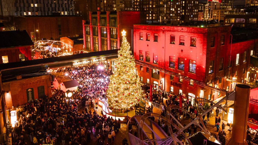 Aerial view of a large, lit Christmas tree in a crowded courtyard surrounded by brick buildings at night.