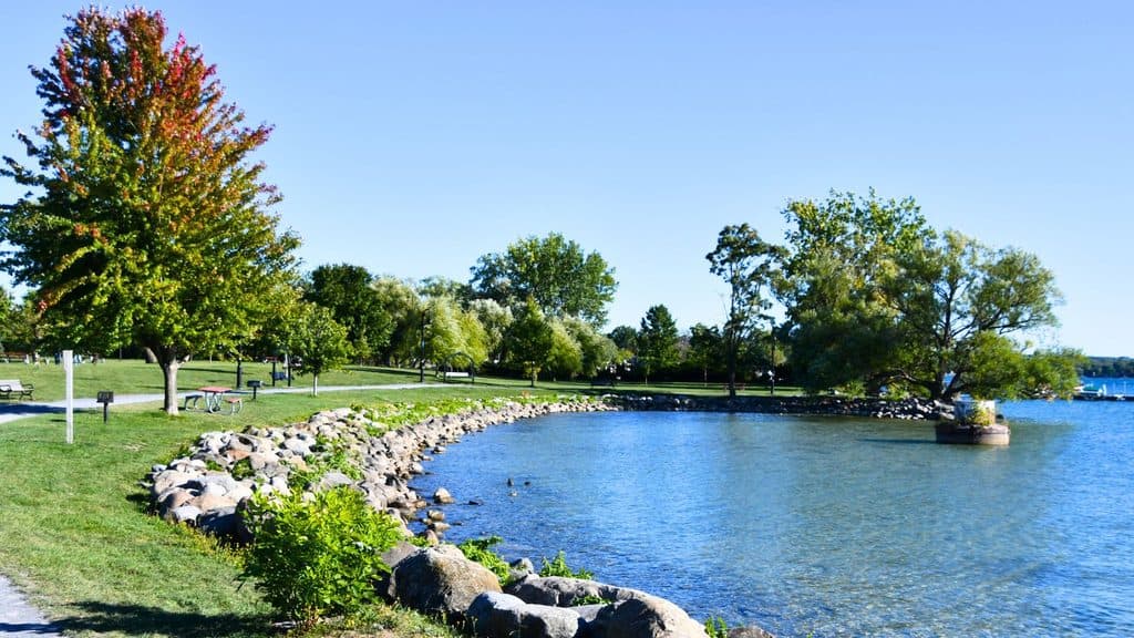 A grassy park with a curved stone shoreline bordering a lake.