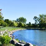 A grassy park with a curved stone shoreline bordering a lake.