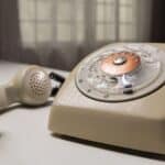 A beige rotary telephone, a landline phone model often unfamiliar to younger generations, rests with its handset off the base on a white surface.