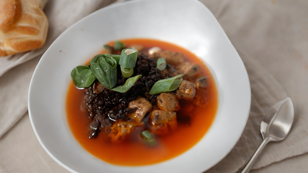 A bowl of reddish broth with chunks of meat, dark textured topping, and sliced green onions, served with a dinner roll and a spoon.