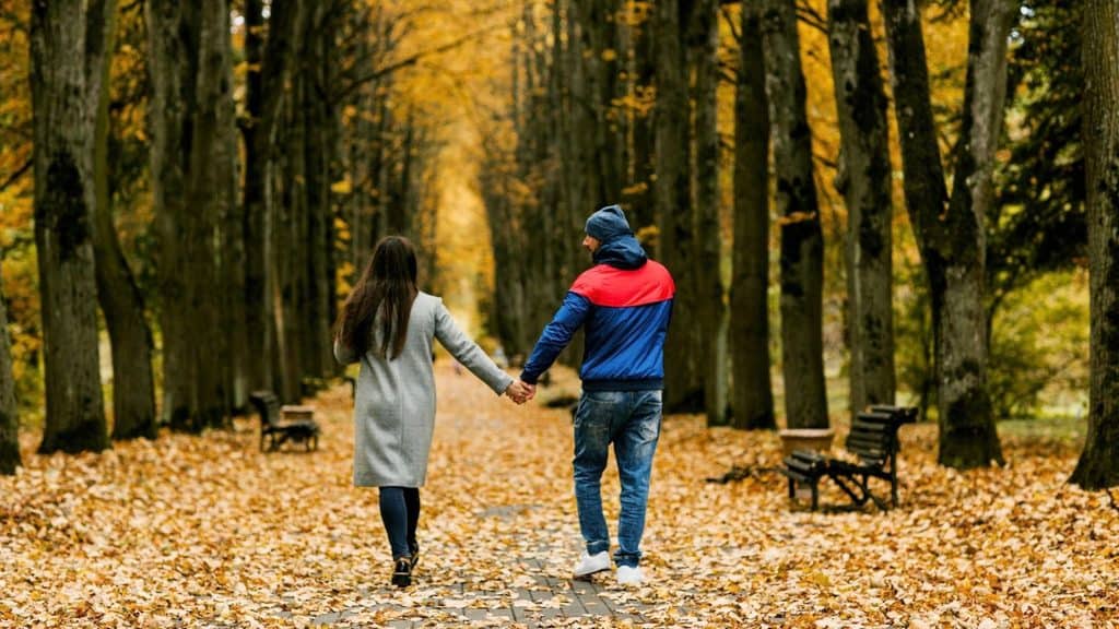 A man and a woman holding hands walk away from the camera down an autumn park path lined with trees and fallen leaves.