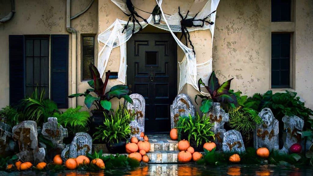 A house entrance decorated for Halloween with spiderwebs, large fake spiders, tombstones, and pumpkins.