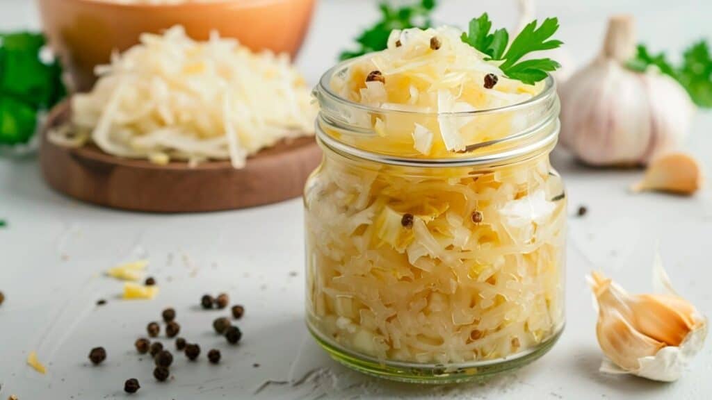 A glass jar filled with sauerkraut, garnished with peppercorns and a parsley sprig, representing fall harvest foods worth preserving.