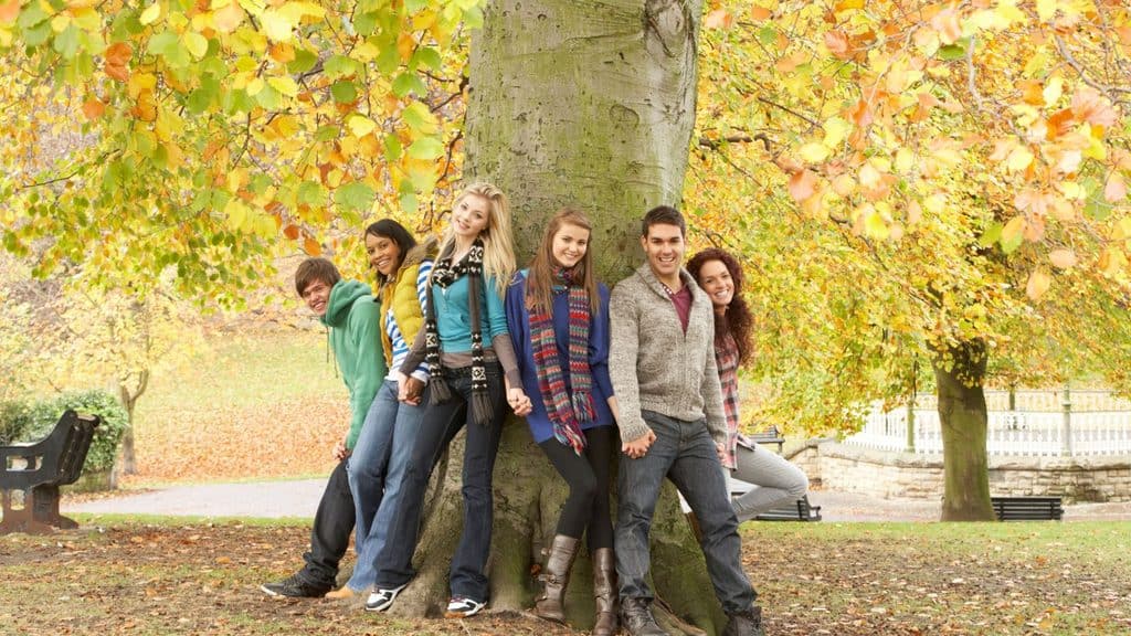 Five young adults lean against a large tree in a park filled with autumn foliage, enjoying fall activities for a family with a teenager.